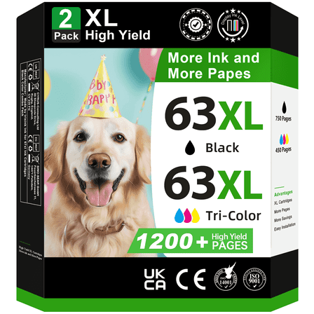 63XL Ink Cartridges Compatible for HP 63 Ink Cartridge for Envy 4520 4512 Officejet 3830 4650 5250 Printer (2-Pack, Black/Tri-color )