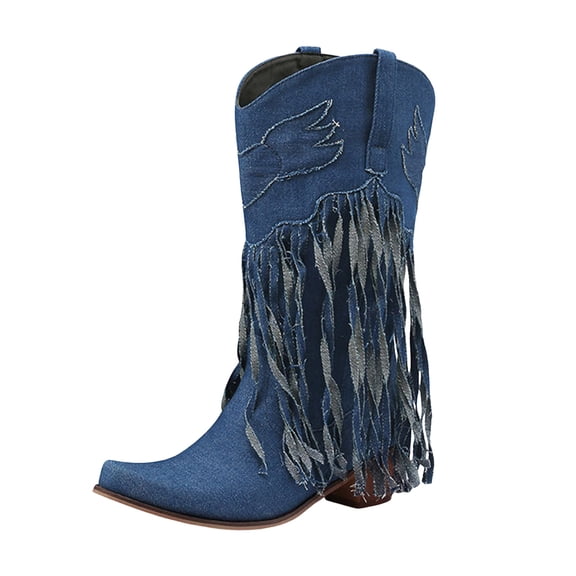 Denim Wide Calf Boots for Women Trendy Fringe Western Mid Calf Boots Square Toe Heeled Long Booties