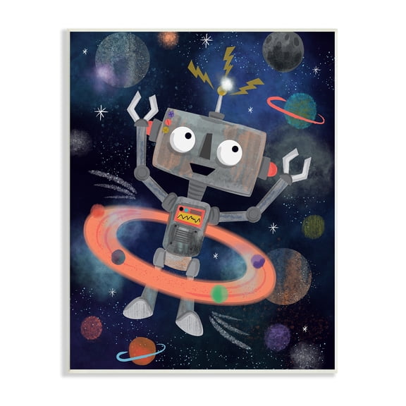 Stupell Industries Quirky Robot Outer Space Universe Surrounding Planets Graphic Art Unframed Art Print Wall Art, Design by Lisa Whitebutton