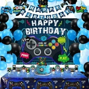 Video Game Birthday CORNET Decorations, Gamer Party Decorations for Birthday Party Supplies for Boys with Tablecloth, Banner, Backdrop, Cake Topper, Hanging Swirls, Temporary Tattoos, Balloons