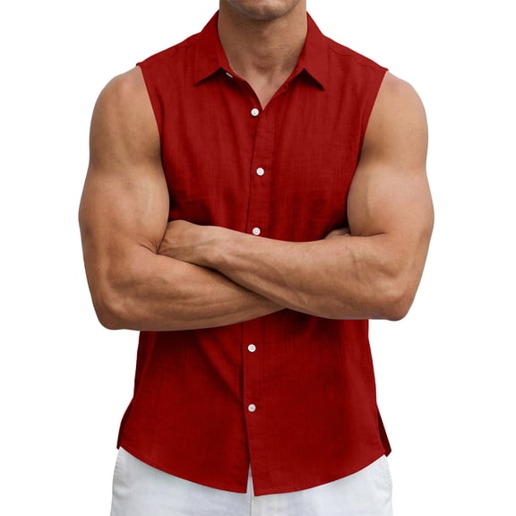 Chiccall Men's Cotton Linen Sleeveless Shirts Button Down Beach Tank Top Summer Casual Basic Solid Shirt Vest