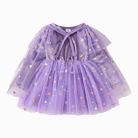 WUANDIXFA Toddler Halloween Dress Girls Velvet Romper Dress Outfit Star Glitters Dress Cute Party Gown,Light Purple,5-6 Years