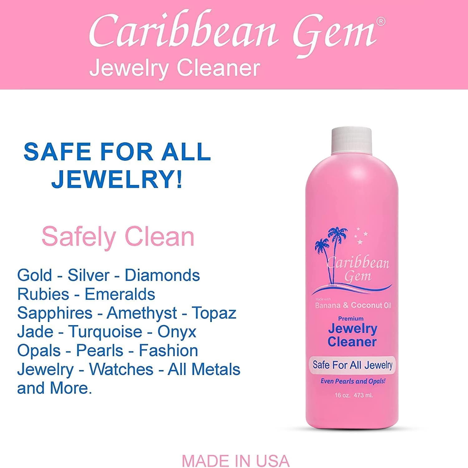 Caribbean Gem Natural Banana & Coconut Oil Jewelry Cleaner with Polishing Cloth, For Gold, Silver and Precious Gems, Ammonia Free, Hypoallergenic Jewelry Cleaning Solution (16oz)