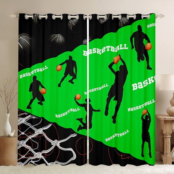 Erosebridal Teens Basketball Curtains for Living Room, Green 30%-50% Blackout Curtains Set of 2 (38x45), Modern Ball Sports Decor