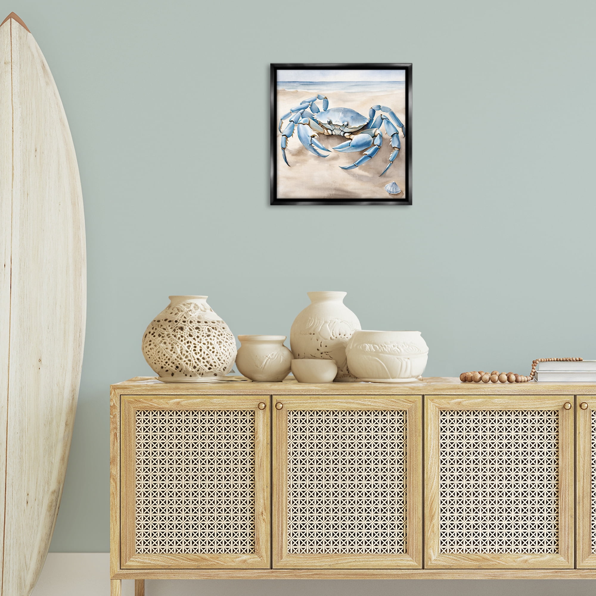 Stupell Industries Blue Crab on Beach Animals & Insects Painting Black Floater Framed Canvas Art Print Wall Art, 18 x 18