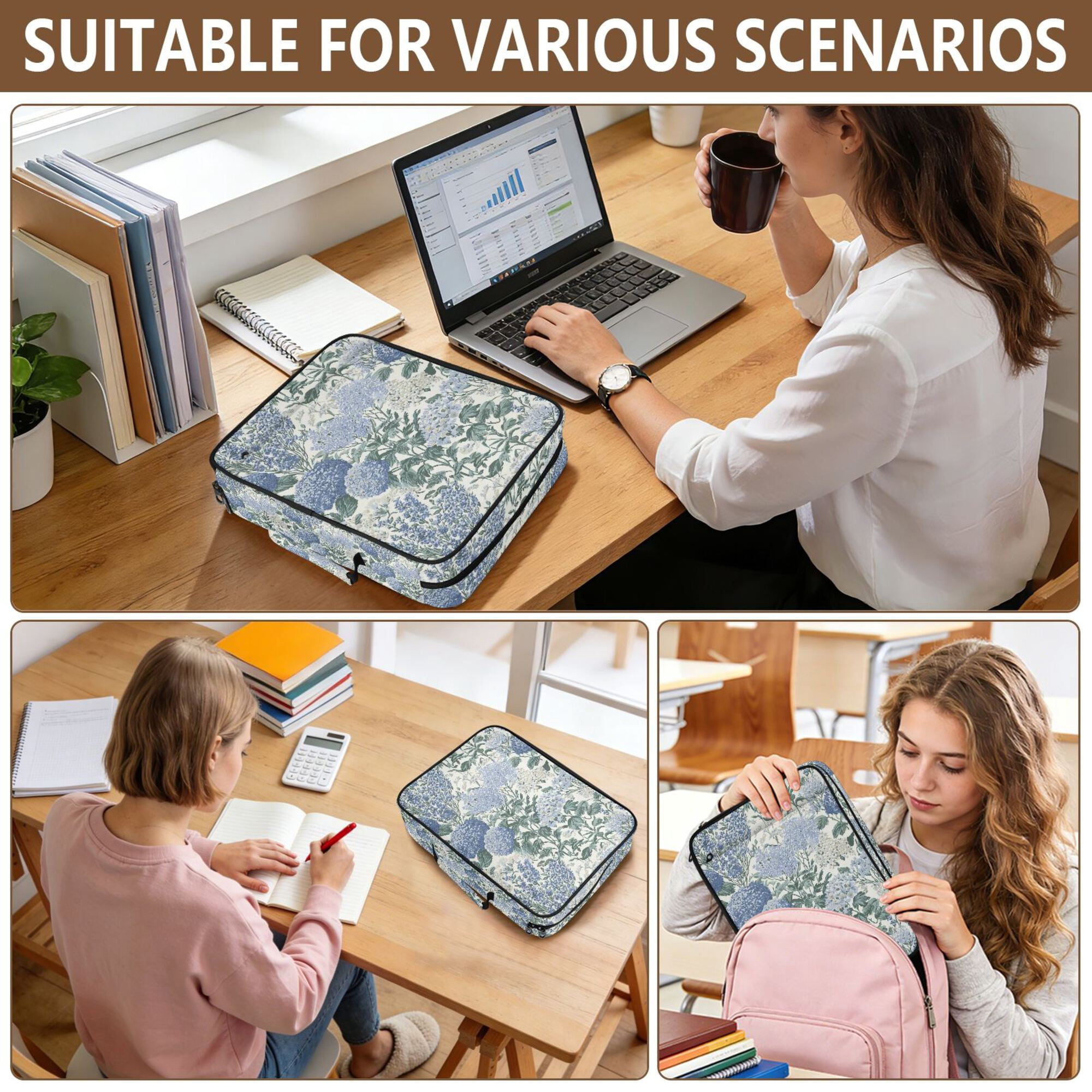 FORMRS Accordion File Folder A4 Size 7-Pocket Expanding Document Organizer Bag with 3 Ring Binder, Blue Hydrangeas Pattern