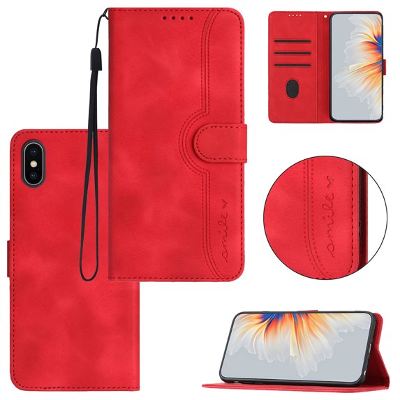 Wallet Case for iPhone X / XS, Smile Design Premium Leather Credit Card Holder Wallet RFID Blocking Case with Wrist Strap Stand Magnetic Flip Cover For iPhone X / XS, Red