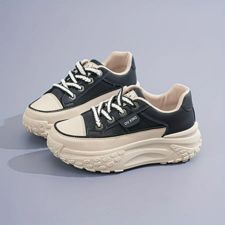 

KINODAY Solid Color Trendy Sneakers Lace Up Soft Sole Platform White Shoes Low-top Walking Trainers