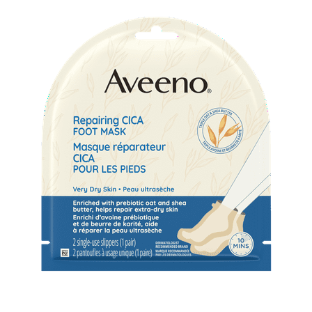 Aveeno Repairing CICA Foot Mask with Prebiotic Oat and Shea Butter, Moisturizing Foot Mask for Extra Dry Skin, (Pack of 2)