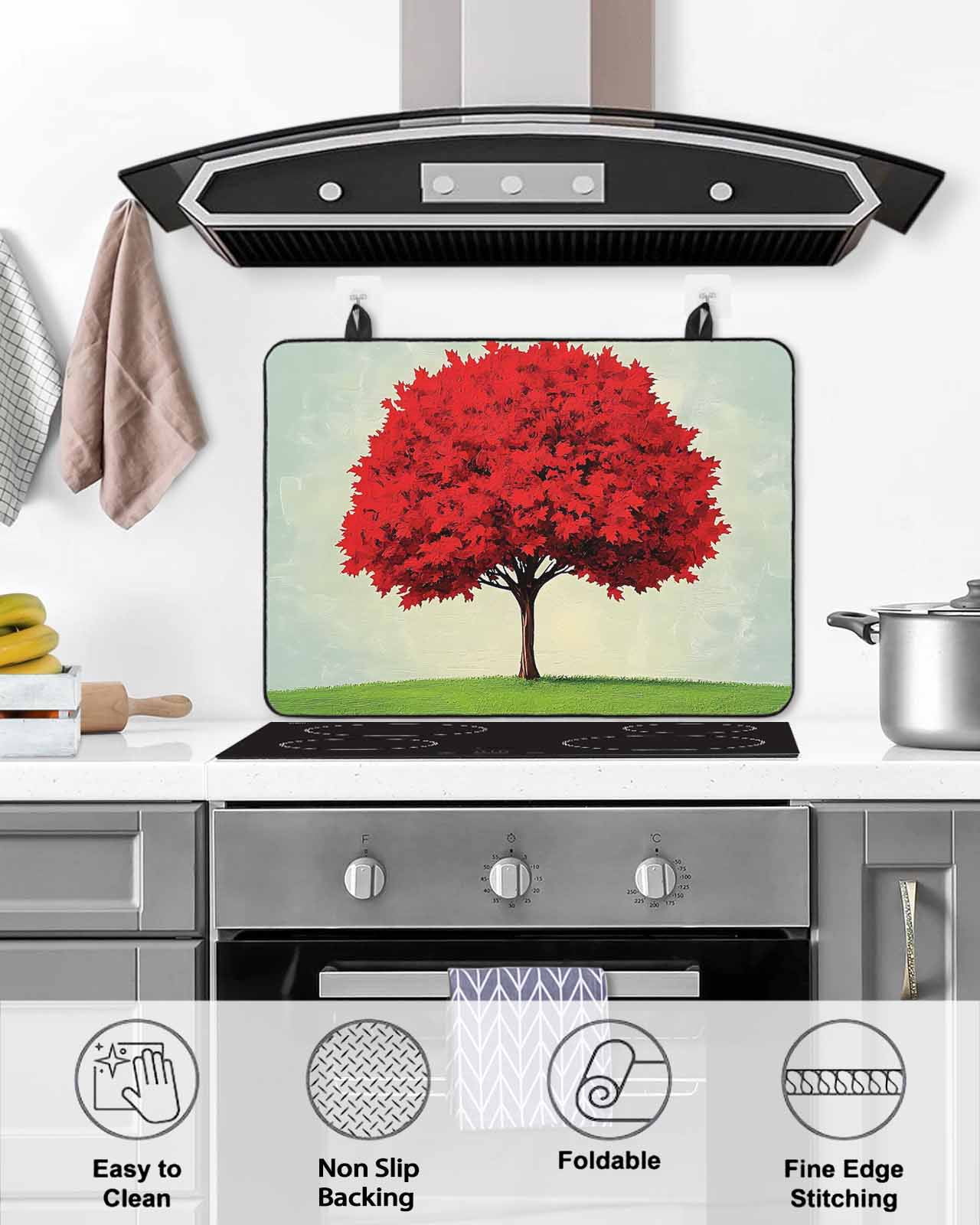 nqOlkjepod Large Induction Cooktop Protector Mat 36"x21", Red Tree Stove Top Covers for Electric Stove, Green Grass Gradient Sky Watercolor Decorative Stove Burner Cover Mats, Glass Top Stove Cover