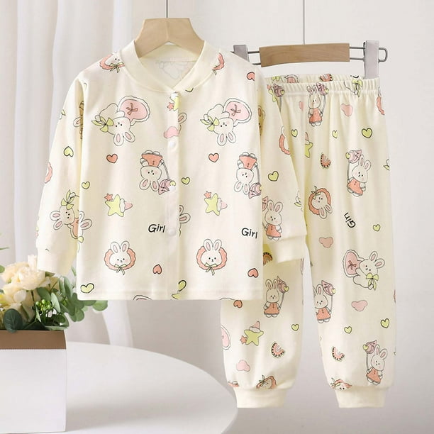 Conjuntos de blusas y camisas de manga larga y cuello redondo para niños, ropa de dormir para el hogar de dos piezas de color sólido con manga larga y cuello redondo para niñas, parte superior de poli