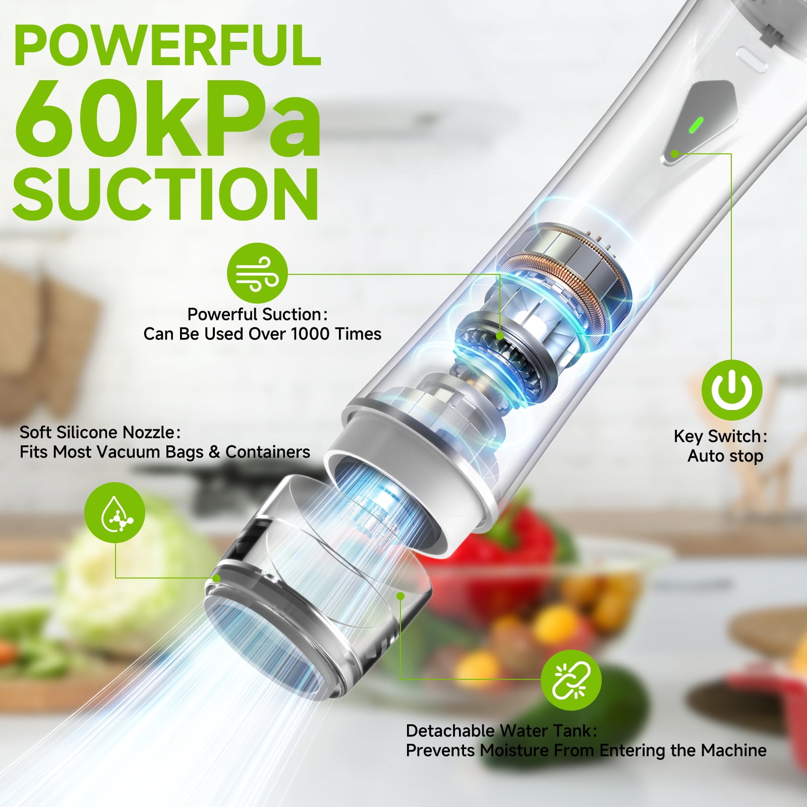 Vixino Compact Vacuum Sealer for Food (Vacuum Sealer Machine + 30 Reusable Vacuum Bags) Powerful Handheld Vacuum Sealer Machine, Extend Freshness Longer, Portable & Cordless