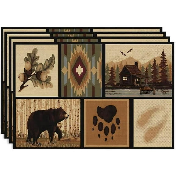 Vintage Bear Deer Placemats Rustic Wildlife Moose Forest Animal Cabin Lodge Lake Pine Cone Heat-Resistant Linen Table Place Mats Set of 4 for Dining Kitchen Country Camp Style Farmhouse Decor