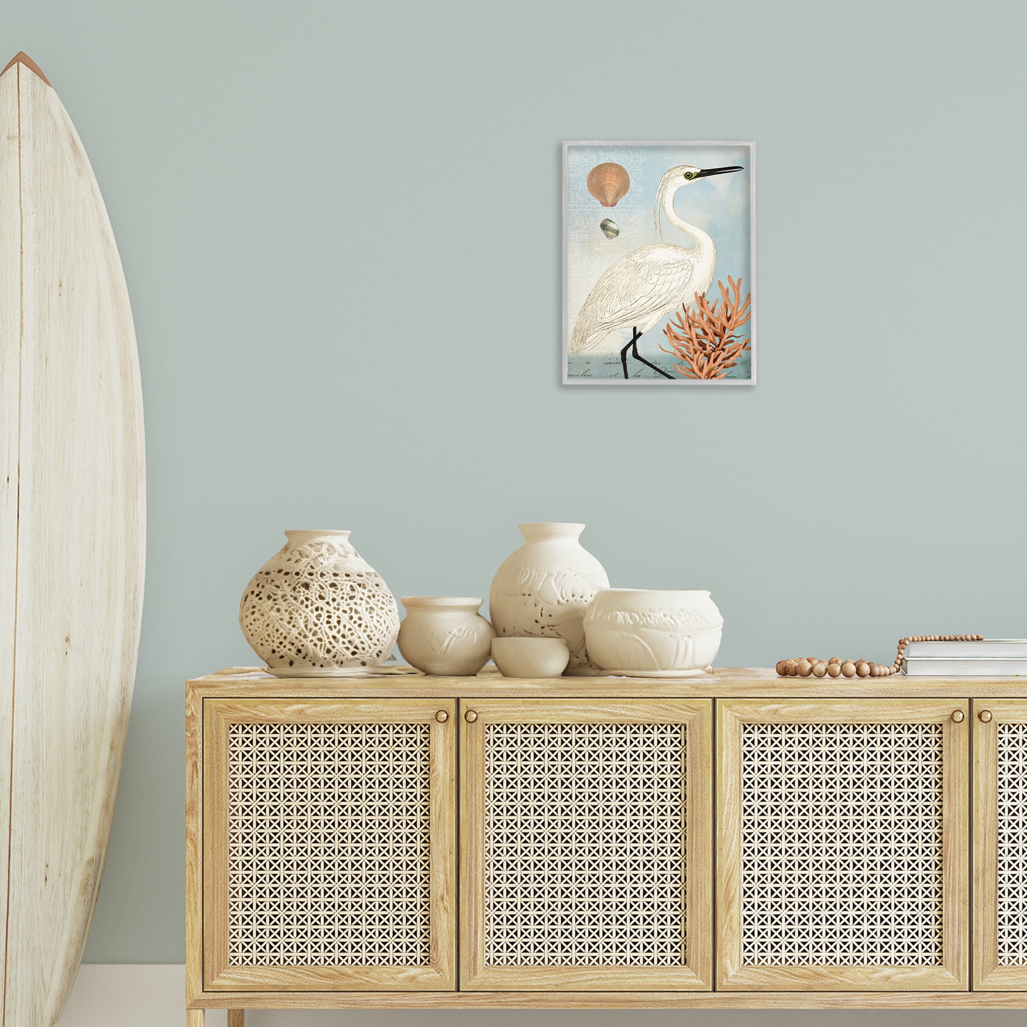 Stupell Industries Maritime Egret & Coral Animals & Insects Painting Gray Framed Art Print Wall Art, 16 x 20
