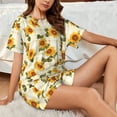 thumbnail image 4 of Gukieu Light Green Plaid Sunflower Print Women's Short-sleeved Pajama Set, Round Neck Button Top Elastic Shorts 2-piece Set, Summer Home Leisure Clothing-Small, 4 of 6