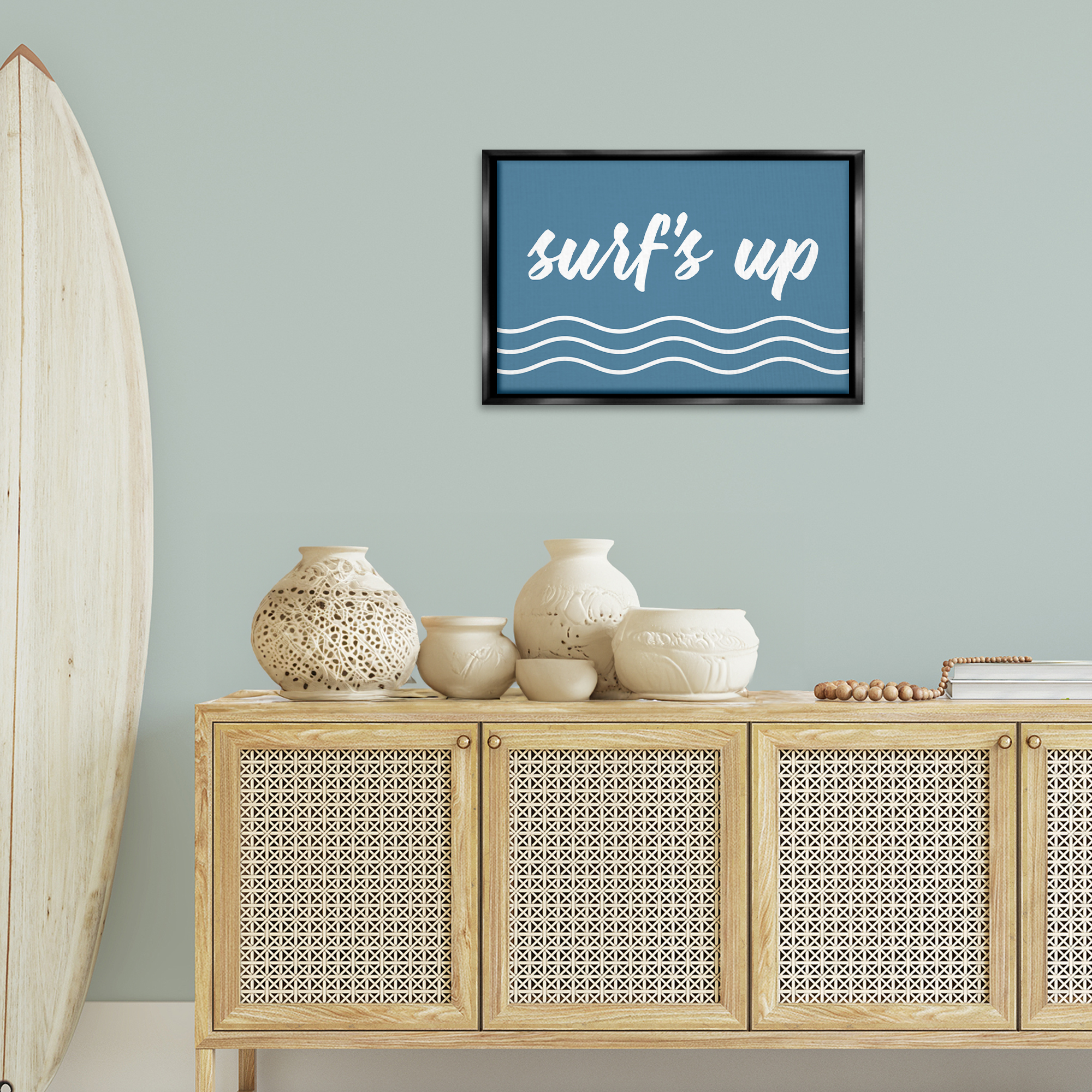 Stupell Industries Blue Surf's Up Typography Painting Black Floater Framed Canvas Art Print Wall Art, 25 x 17
