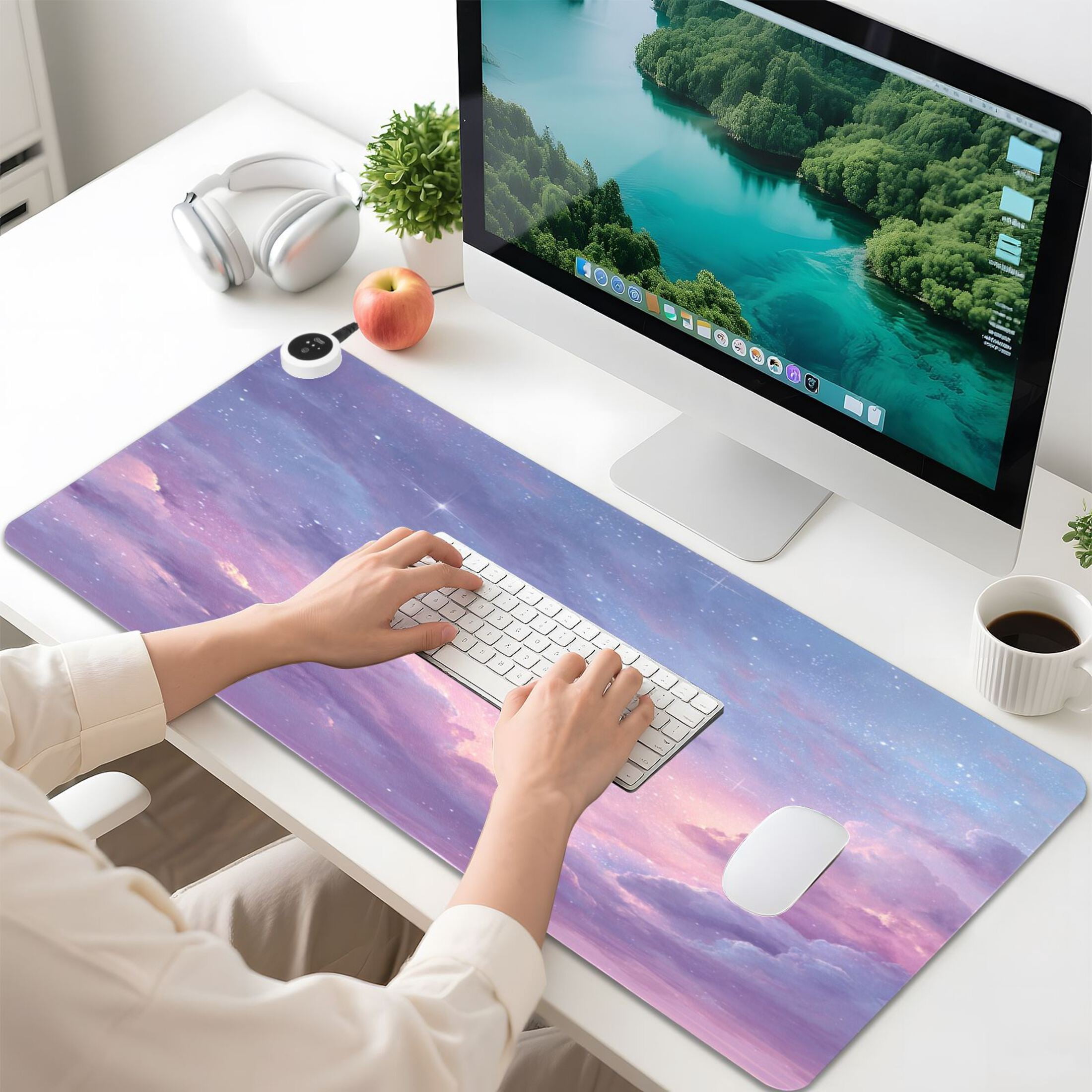 Large Heated Desk Mat Mouse Pad 31.5"x13"PU Leather Graphene Heating Desk Warmer with 3 Temperature Settings 110V US Plug Non-Slip Warm Pad for Home, Office, and Gaming Cotton Candy Dawn Sky
