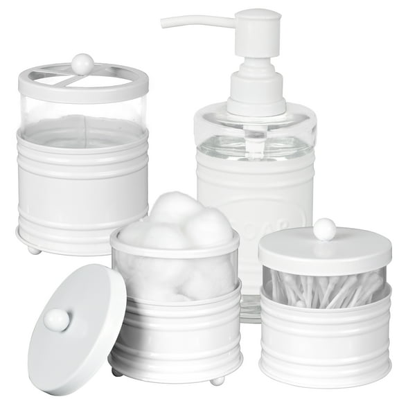 Autumn Alley 4 Piece White Metal Bathroom Set|Soap Dispenser, Toothbrush Holder, 2 Apothecary Jars|Ball Handles