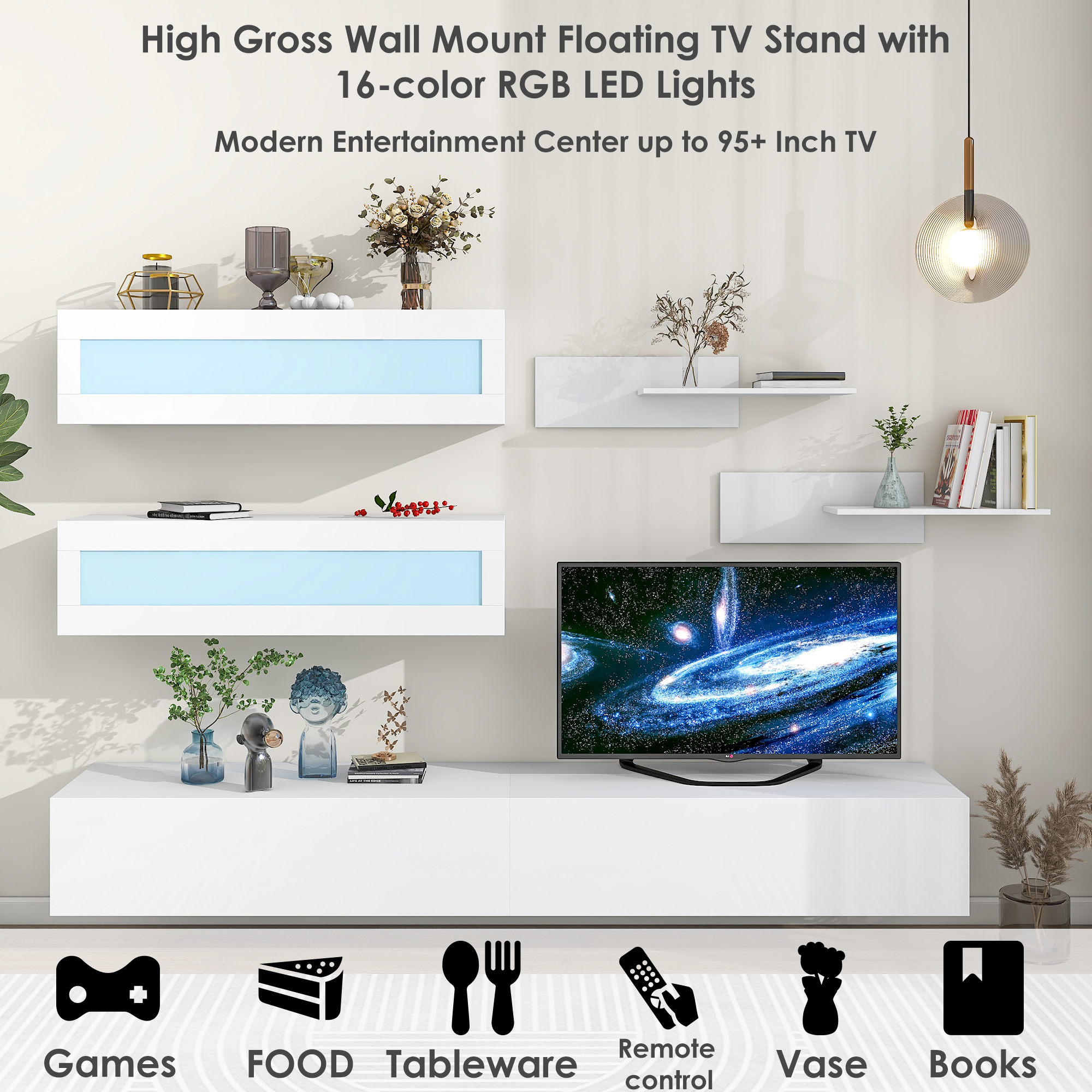 Wall Mount Floating TV Stand with Four Media Storage Cabinets and Two Shelves, Modern High Gross Entertainment Center for 95& inch TV, 16-Color Rgb Led Lights for Living Room, Bedroom, White - image 3 of 9
