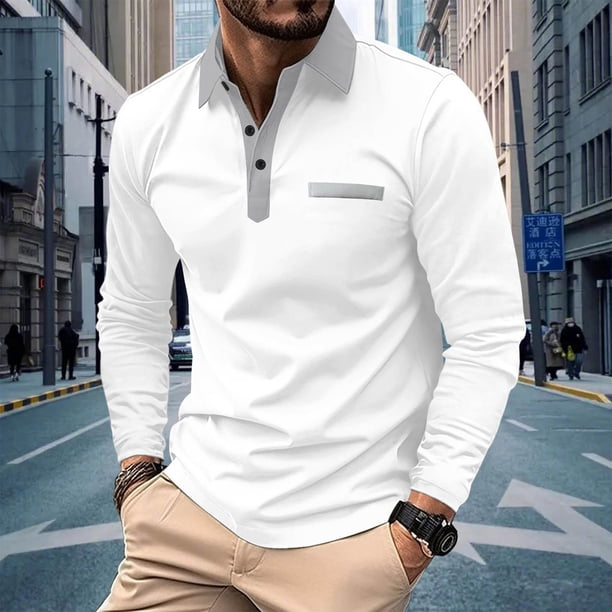 pstuiky mangas largas para hombre, Camisa informal de manga larga para hombre, color liso, con cuello vuelto, escote en V y botones top de hombre l