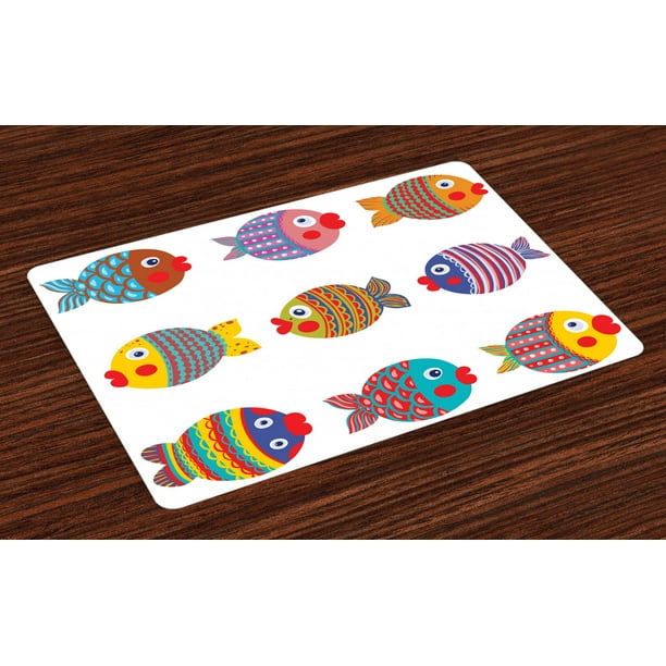 Funny Placemats Set of 4 Puffers Toadfish Colorful Childish Fish Family
