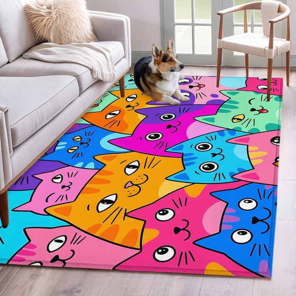 Colorful Cat Area Rugs 2.7'x5', Washable Small Throw Rugs for Kitchen Bedroom, Modern Abstract Art Cartoon Indoor Outdoor Rug Non-Slip Low Pile Carpet Runner Reversible Floor Mats