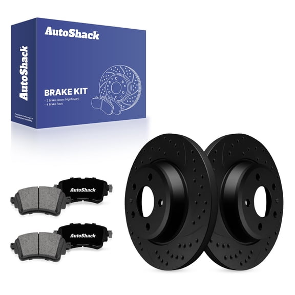AutoShack Rear Solid Drilled & Slotted E-Coated Brake Rotors Black Finish   Premium Ceramic Pads 6-PC Brake Kit Replacement for 2017-2020 Audi A4 2018-2019 Audi A5 Quattro NightGuard 11.81" (300 mm)