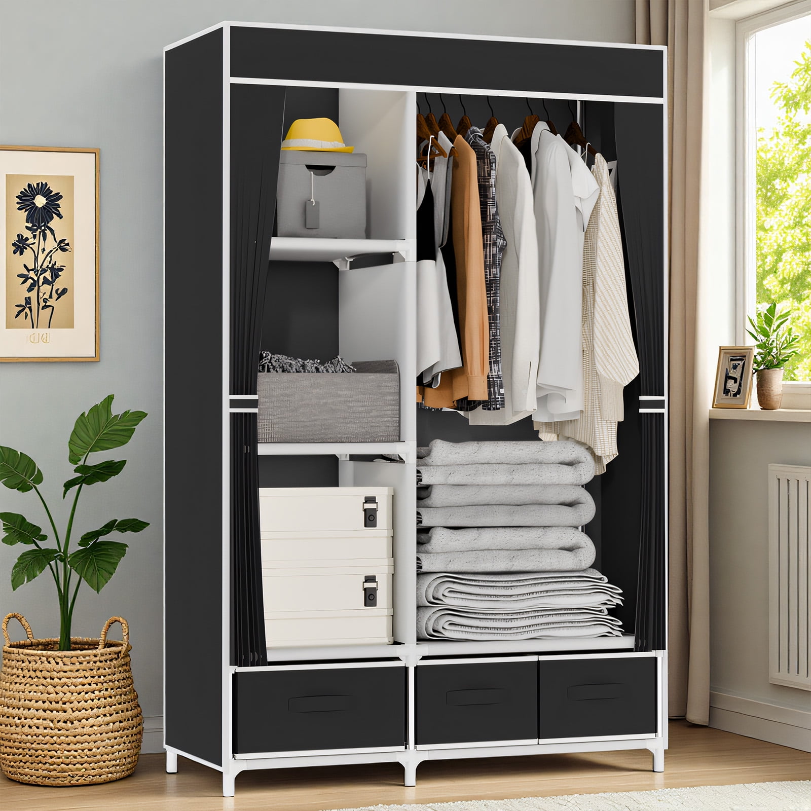 BAOKALER Portable Closet with Non-Woven Fabric,3 Drawers,1 Hanging Rod&4 Side Pockets, plus 16mm Metal Tube Frame–Suitable for Bedrooms, Living Rooms,Closets,Garages&Dorms