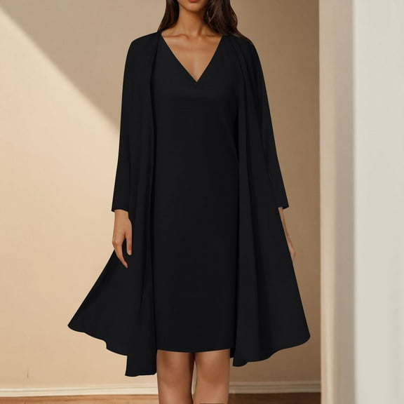Jinhomg Elegant Outfits for Women Dressy Casual V-Neck Midi Dress with Long Sleeve Chiffon Cardigan 2 Piece Flowy Summer Vacation Clothing Sets Black L