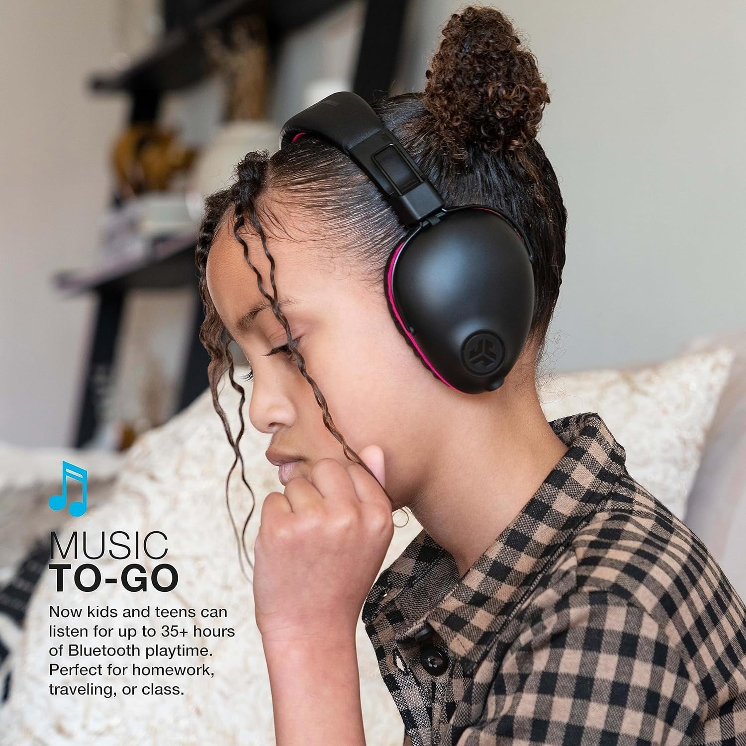 JLab JBuddies Pro Wireless Over-Ear Kids Headphones, 35+ Hour Battery Life, Built-in Volume Regulators for Safety, Share Mode, Folding, Adjustable, Noise Isolation, with Mic, Pink