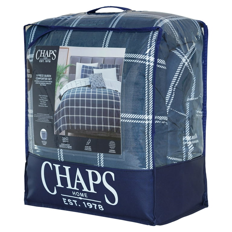 Chaps 8-Piece Plaid Bedding Comforter Set - Bed in a Bag - Navy - Size King  