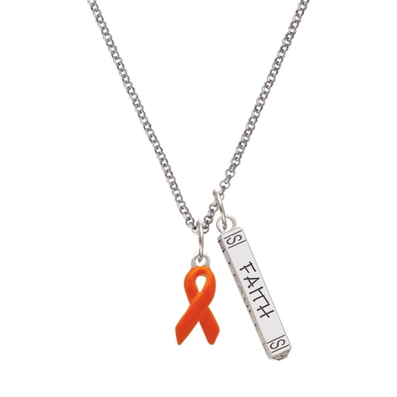 Delight Jewelry Silvertone Orange Ribbon Silvertone Believe Faith Prayer Hope Bar Charm Necklace, 23"