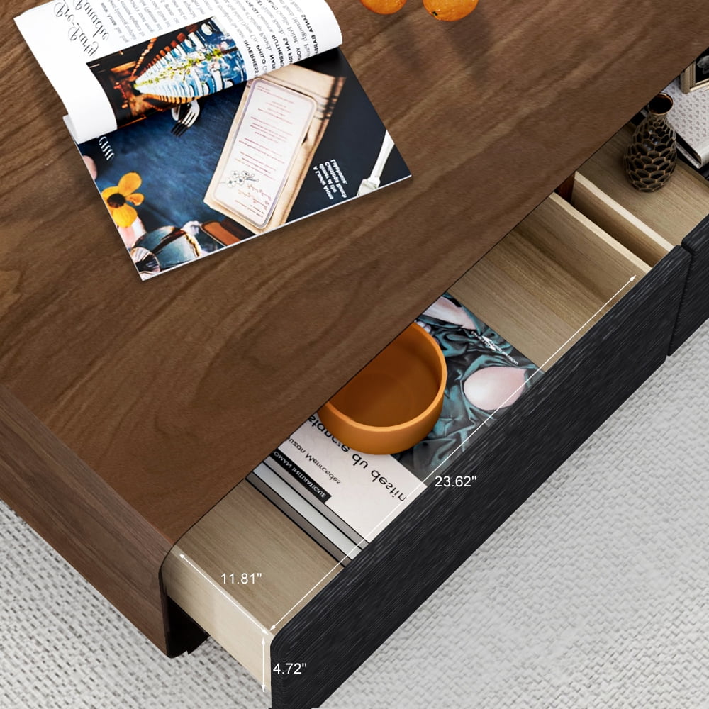 POVISON Modern Rectangular Coffee Table, Wood Coffee Table with Storage, 4 Solid Wood Drawers, Fully-Assembled, 51", Walnut Black