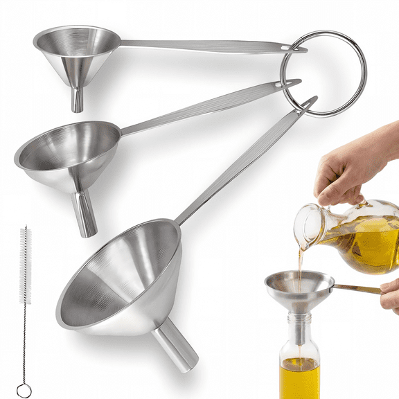 3 in 1 Metal Small Funnels for Filling Bottles Stainless Steel Small Kitchen Funnel Set for Transferring Essential Oils Liquid Fluid Spice Dry Ingredients Powder, Durable and Dishwasher Safe