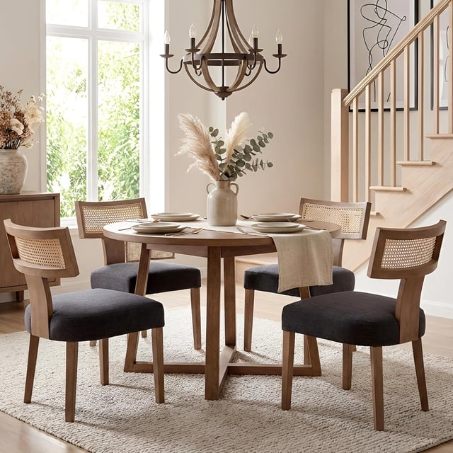 HNY Mid Century Modern Rattan Dining Chairs Set of 4, Farmhouse Linen Upholstered Accent Chair Curved Backrest Kitchen Chairs, with Hardwood Frame, Charcoal