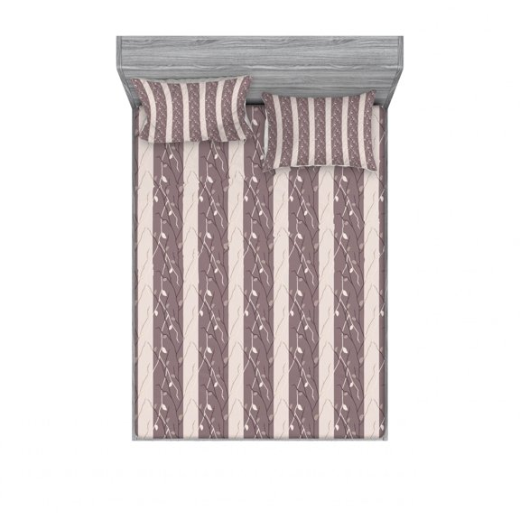 Ambesonne Floral Fitted Sheet & Pillow Sham Set, Earthen Toned Autumn, Full, Dried Rose Warm Taupe