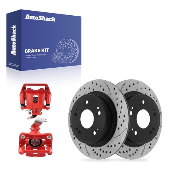 AutoShack Rear Solid Drilled & Slotted E-Coated Brake Rotors   Calipers Red 4-PC Brake Kit Replacement for 2008-2012 Honda Accord 2009-2014 Acura TSX ShadowGuard 11.1" (282 mm)