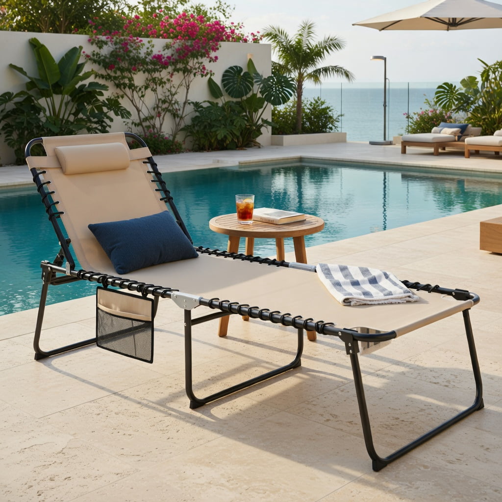 Hommoo 4-Position Adjustable Folding Lounge Chair, Chaise with Removable Headrest, Heavy-Duty Steel Frame, Perfect for Poolside, Backyard & Camping, Beige