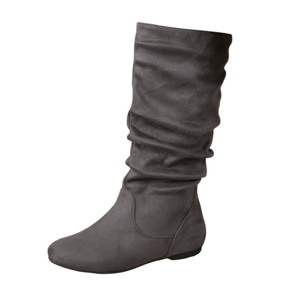 Xiaoxatg Ladies Fashion Solid Color Suede Pleated Pile Mid-Calf Boots British Style for Women with Flat Bottom Design 6.5 Grey