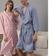 thumbnail image 5 of Defitshape Men's Waffle Knit Robe Slim Fit Fall Spring 3/4 Sleeve Sleepwear Knee Length Long Sleeve Soft Comfy V Neck House Bath SPA Hotel Hot Tub Bathrobe w/ Pockets Blue Small-Medium, 5 of 5