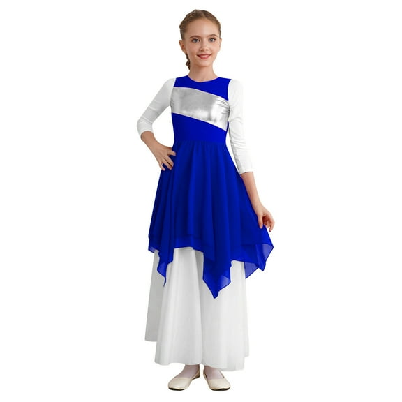 YONGHS Girls Lyrical Praise Dance Costume Kids Sleeveless Metallic Tank Dress Worship Dancewear Royal Blue 6