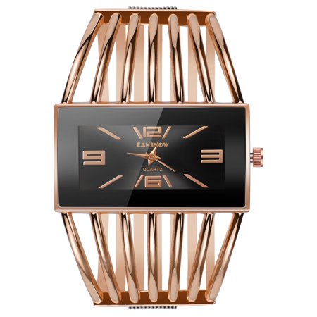 TSV Women Quartz Wrist Watches, Waterproof Luxury Bracelet Cuff Watch Rectangular Dial Hollow Analog, Gold