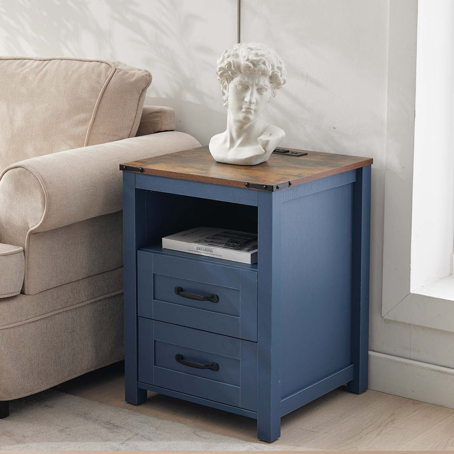 Nightstand with Charging Station,Side Table with 2 Drawers Storage Cabinet for Bedroom, Living Room, Blue