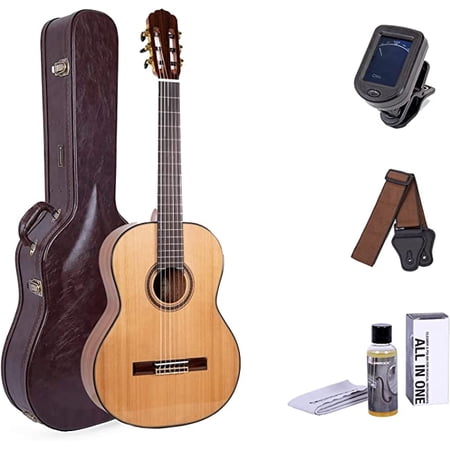 Crossrock Acoustic Classical Guitar with Hard Case  6 String  Grade AAA Cedar Solid Top  Guitar Case Kits