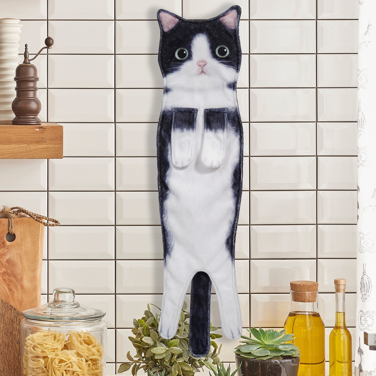 Serviette Drôle En Forme De Chat Pour Salle De Bain/cuisine – 60x15 Cm, Super Absorbante, Lavable, Boutons Pression Pour Suspension