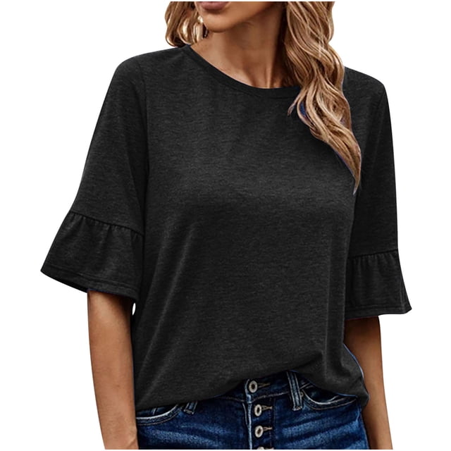 IROINNID Chemises Réduites Grande Taille pour Femmes Chemises en Coton pour Femmes Quotidien Été Blouse à Manches Trois-Quarts Col Rond Hauts Unis T-Shirt,Noir
