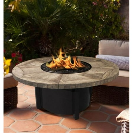 Laying Travertine Tile Patio Carmel Chat Height Fire Pit with Black Reflective Glass & 42 in. Gray Travertine Tile Top, Black ()