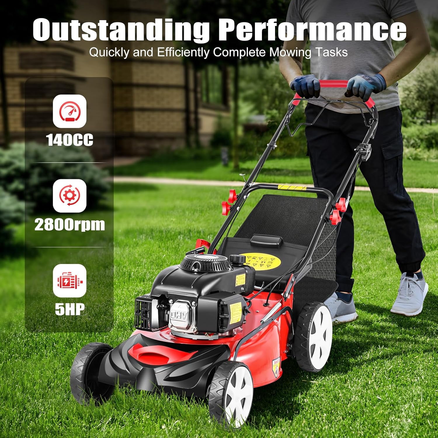 20-Inch Self-Propelled Gas Lawn Mower 140cc 4-Stroke Engine, 3-in-1 Rear Bag/Mulch/Side Discharge, 8-Position Height Adjustment, 60L Grass Bag, Ideal for Lawn Weeding