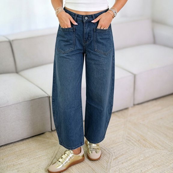 Tawop Women High Waist Barrel Jeans, Big Patch Front Pockets Loose Cropped Wide Leg Denim Pants, Vintage Washed Casual Streetwear Jeans