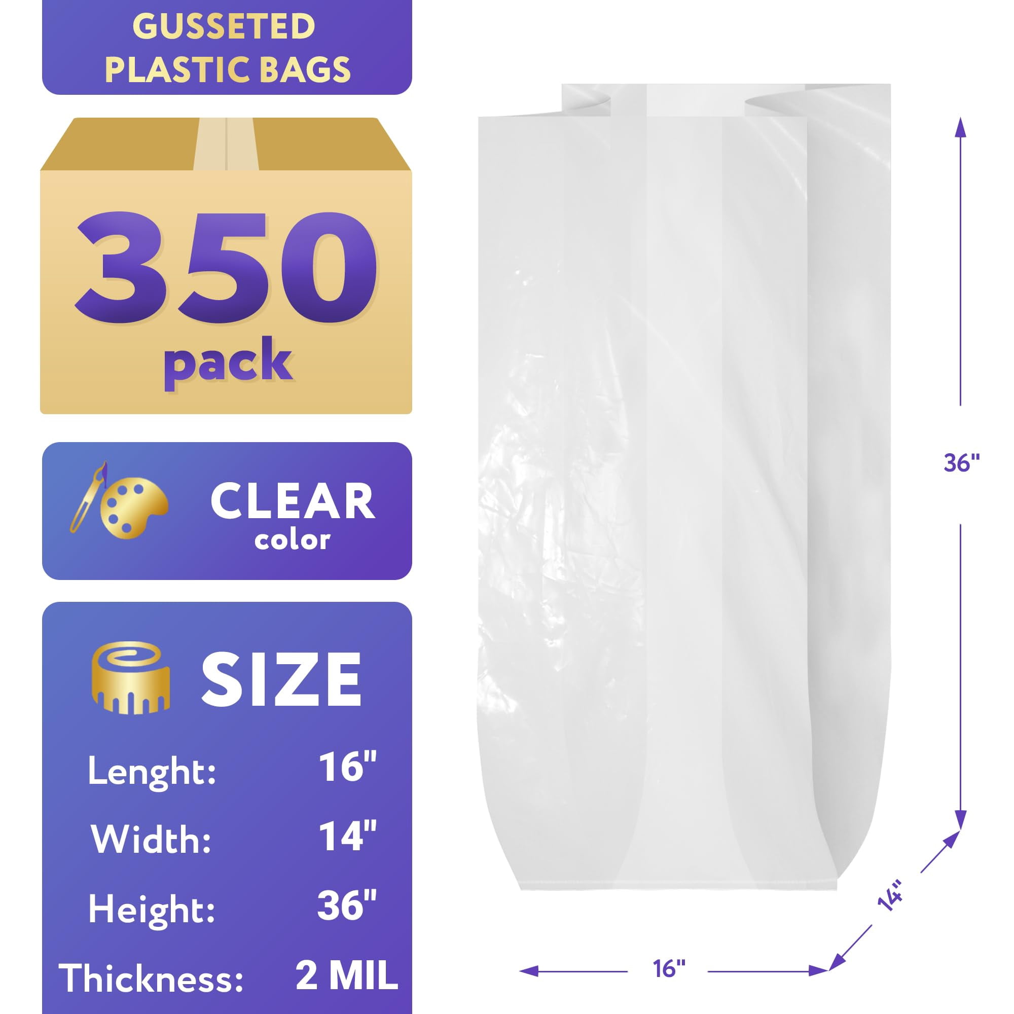 Clear Gusseted Plastic Food Bags, 2 Mil Thick Poly Produce, 350 Count, 16 x 14 x 36 in